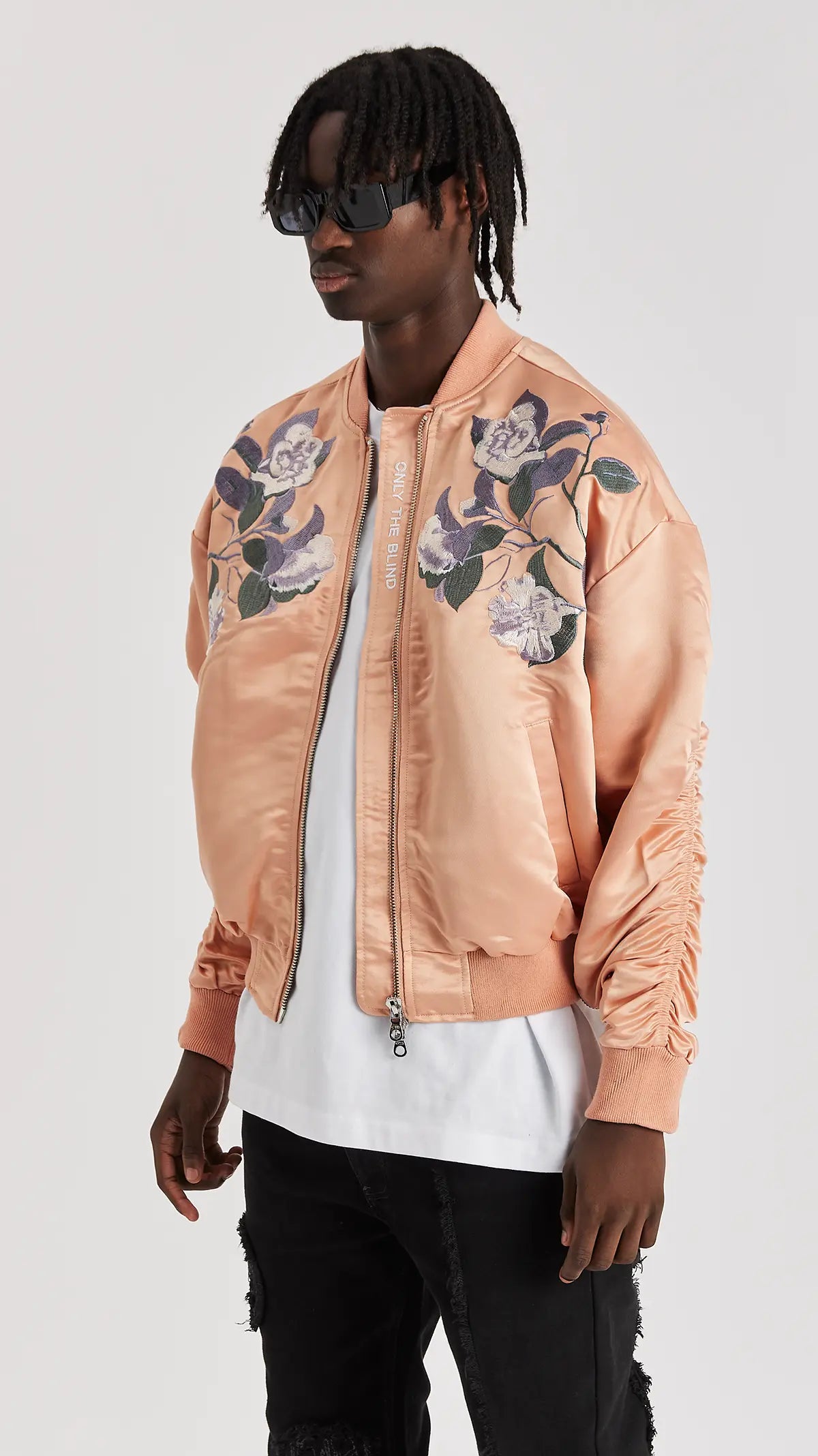 Signature Satin Peach Embroidered Bomber Jacket ONLY THE BLIND