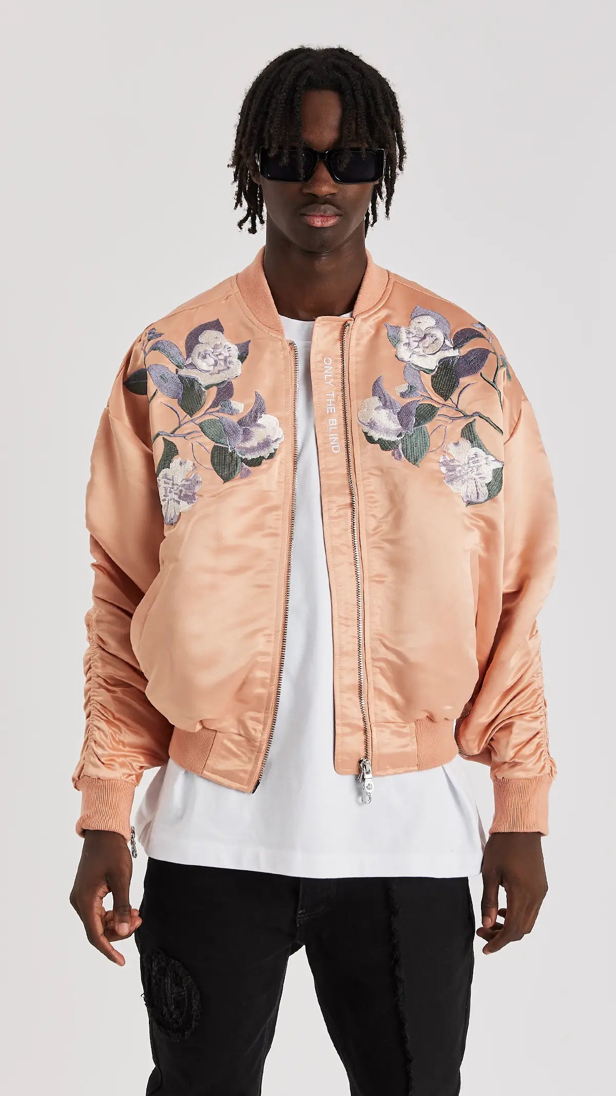 Signature Satin Peach Embroidered Bomber Jacket ONLY THE BLIND