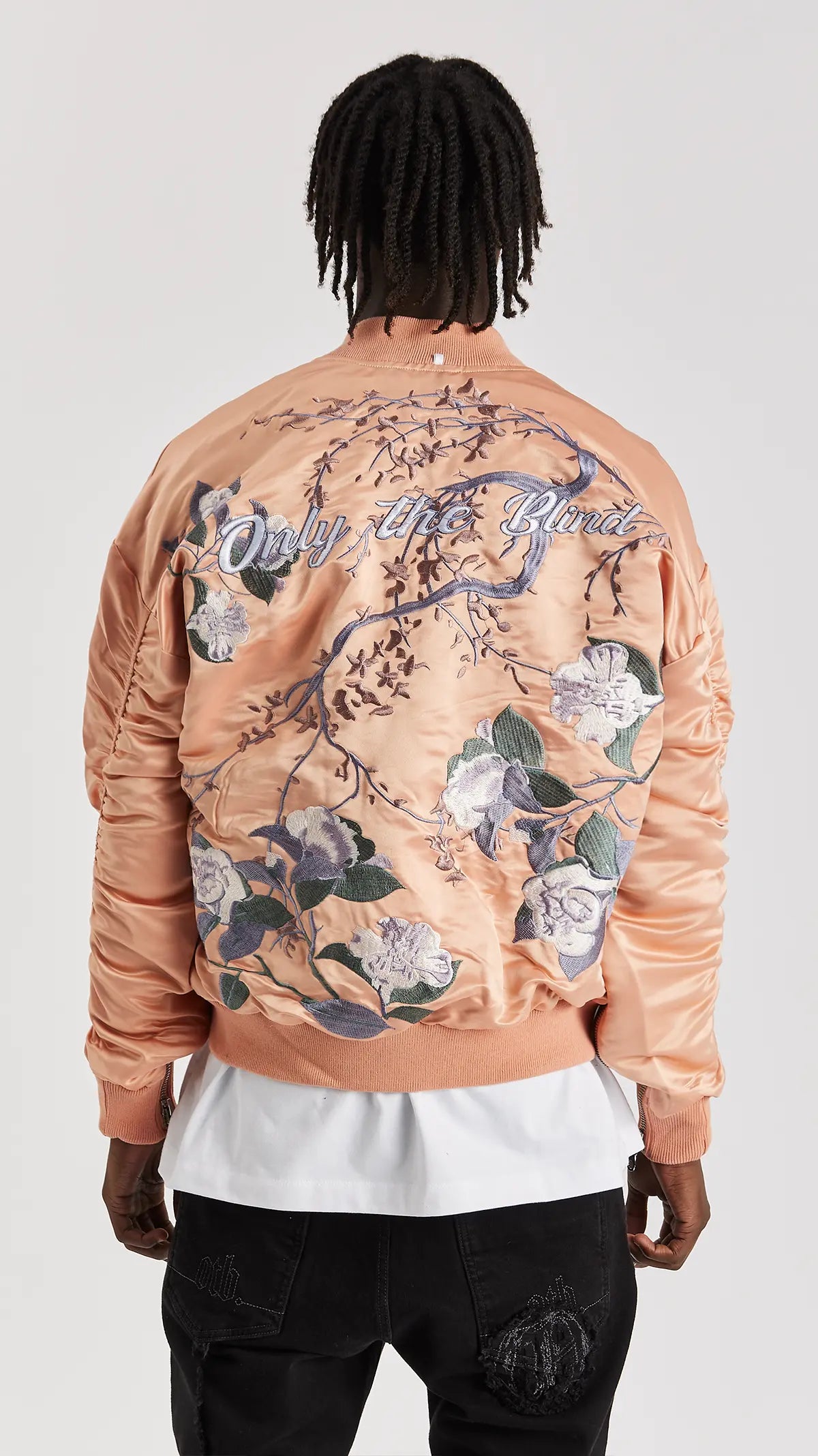 Signature Satin Peach Embroidered Bomber Jacket ONLY THE BLIND