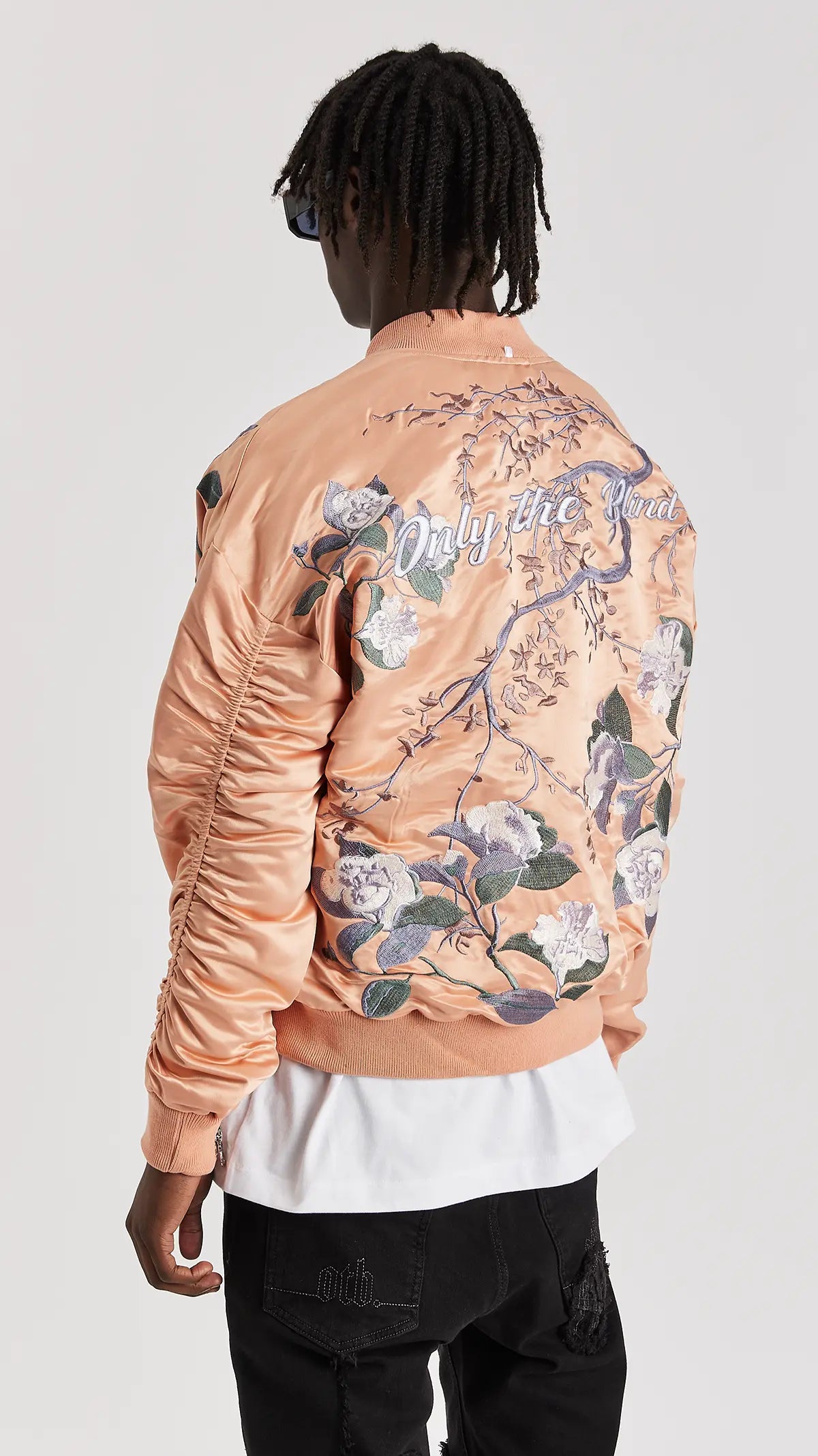 Signature Satin Peach Embroidered Bomber Jacket ONLY THE BLIND