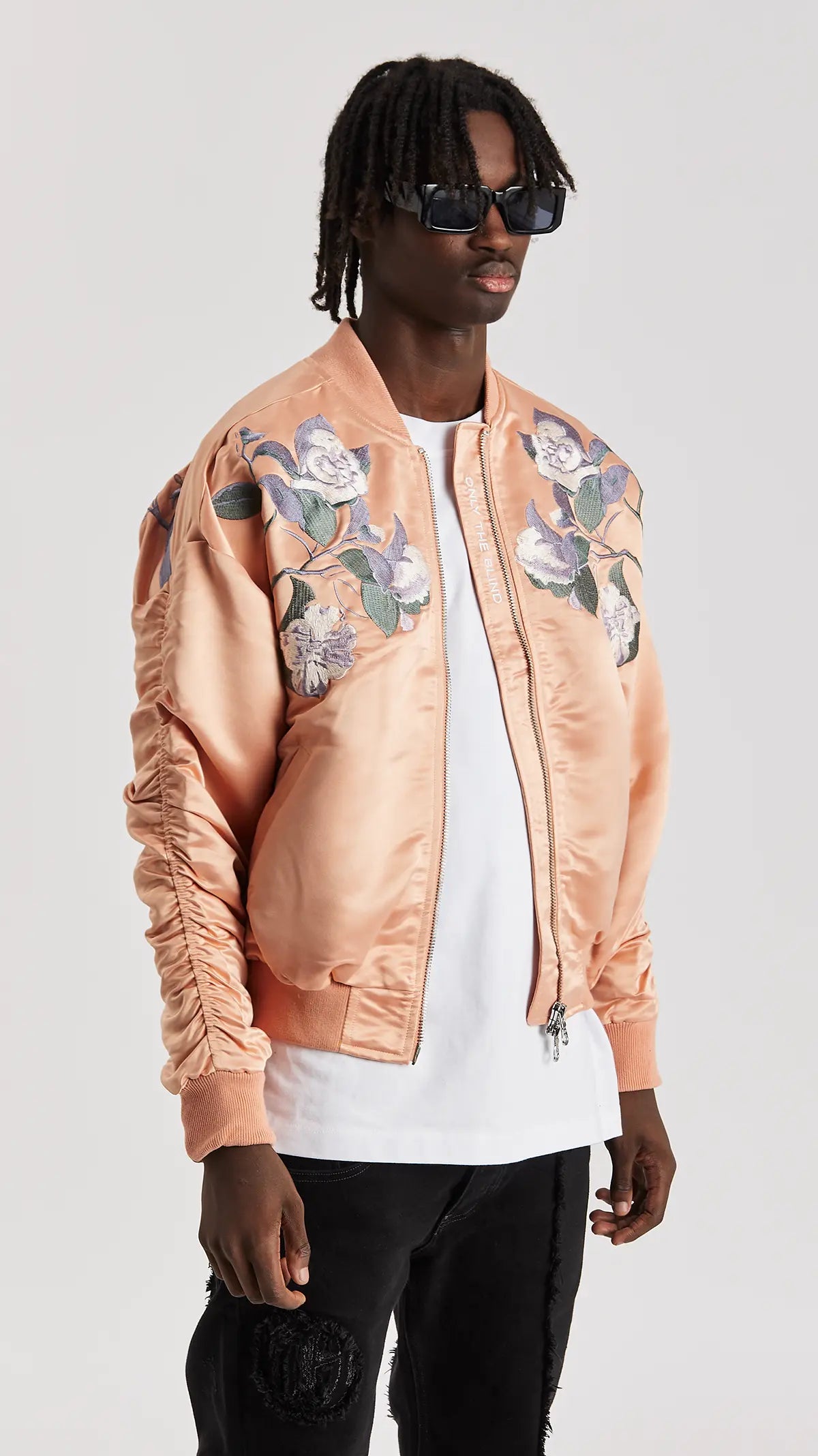 Signature Satin Peach Embroidered Bomber Jacket ONLY THE BLIND