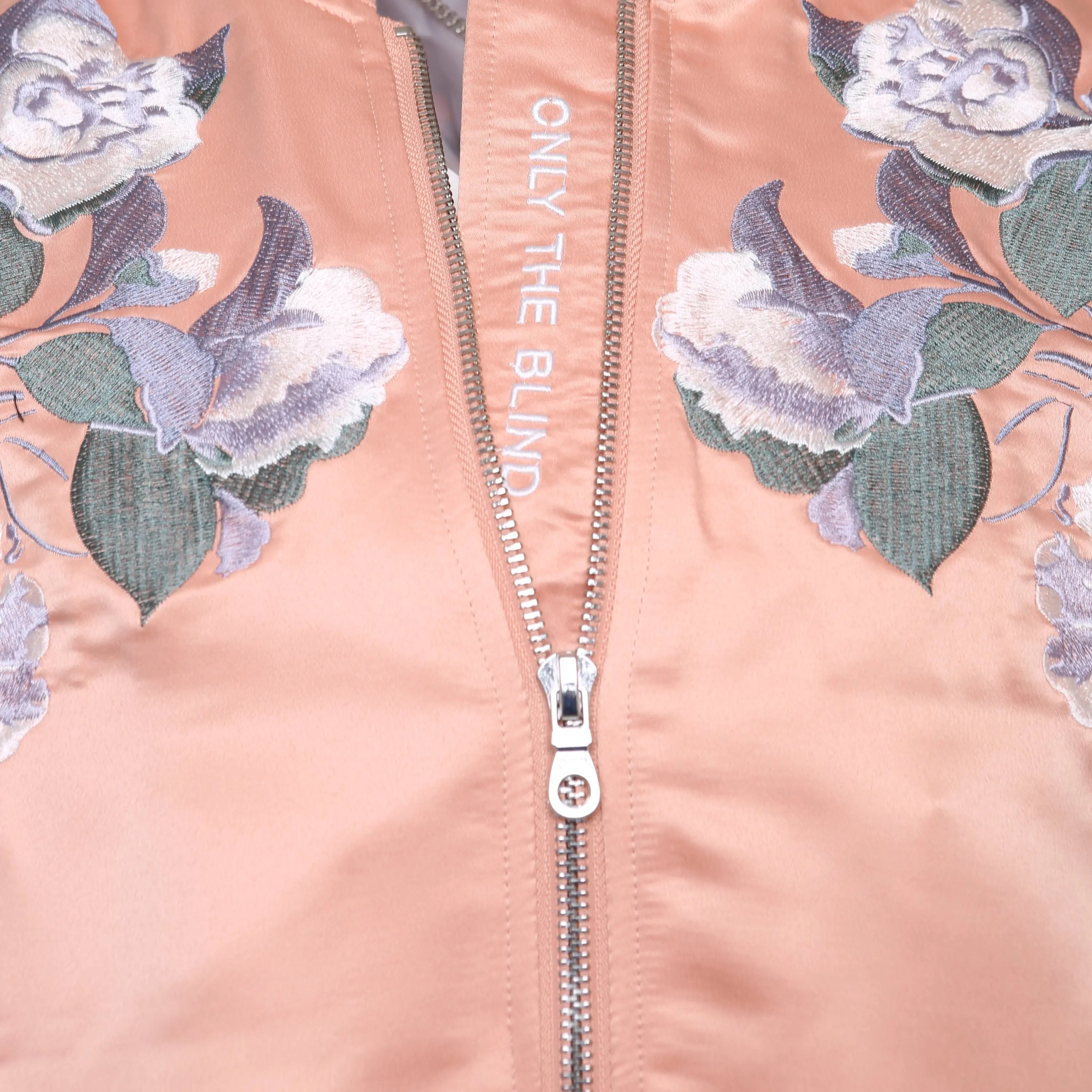 Signature Satin Peach Embroidered Bomber Jacket ONLY THE BLIND