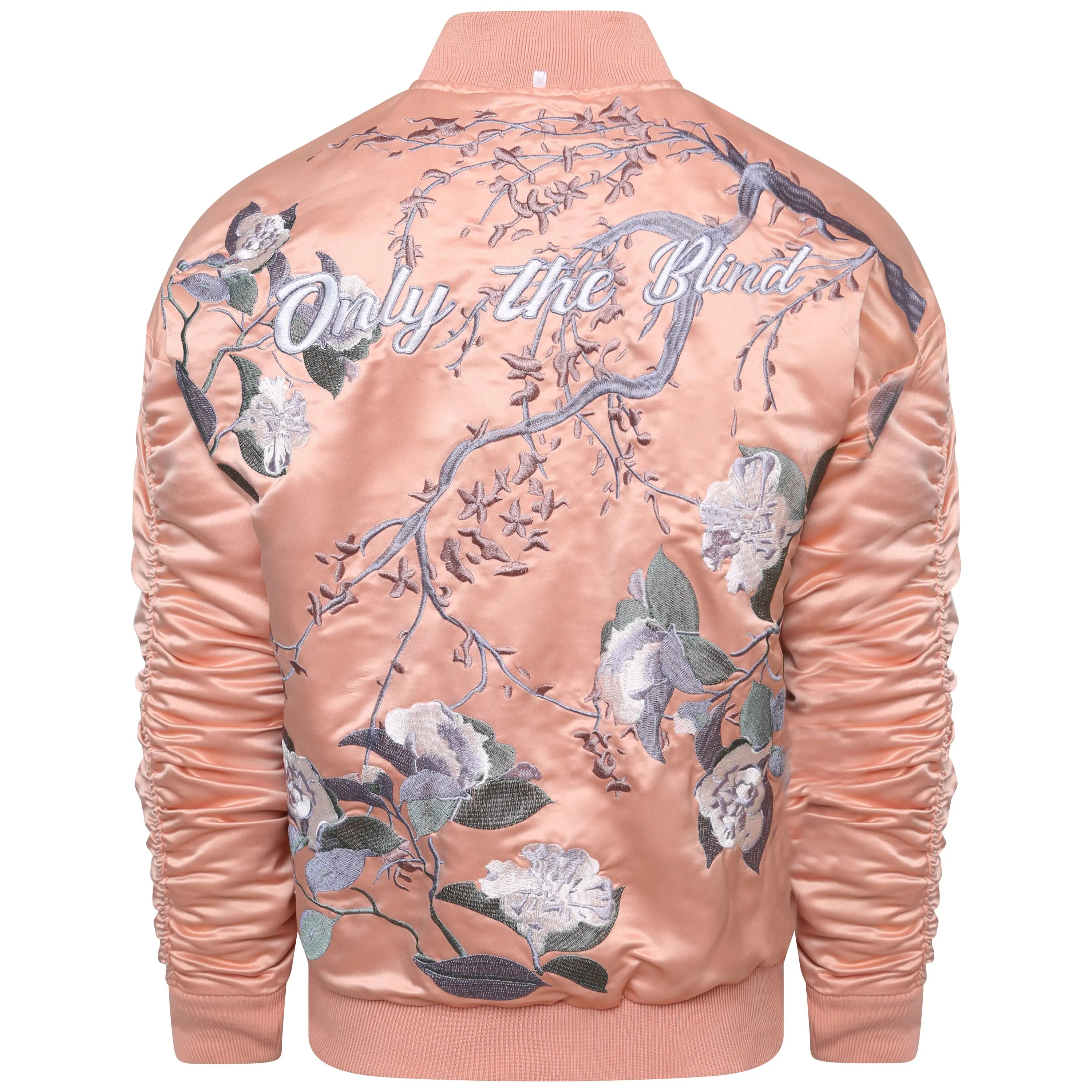 Signature Satin Peach Embroidered Bomber Jacket ONLY THE BLIND