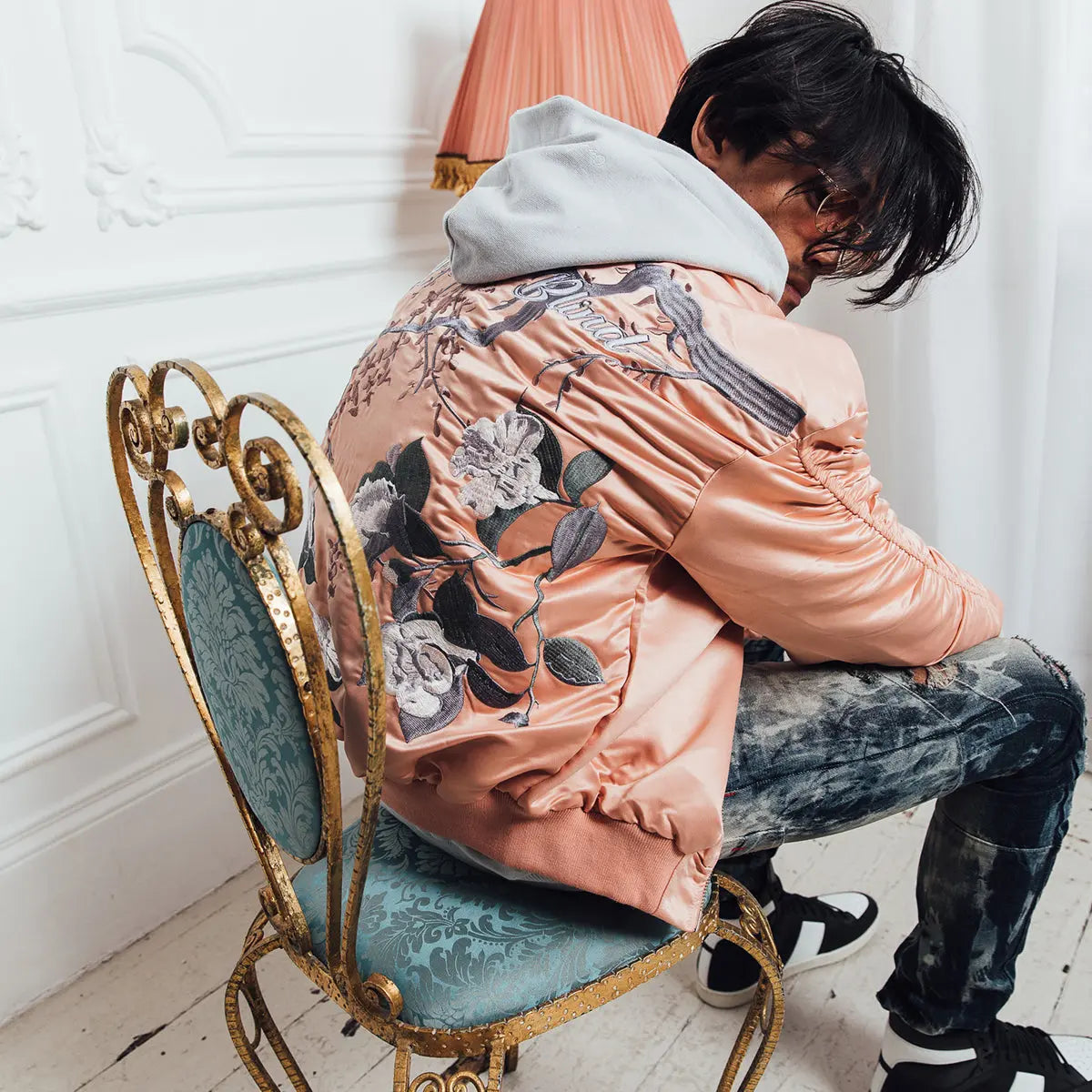 Signature Satin Peach Embroidered Bomber Jacket ONLY THE BLIND