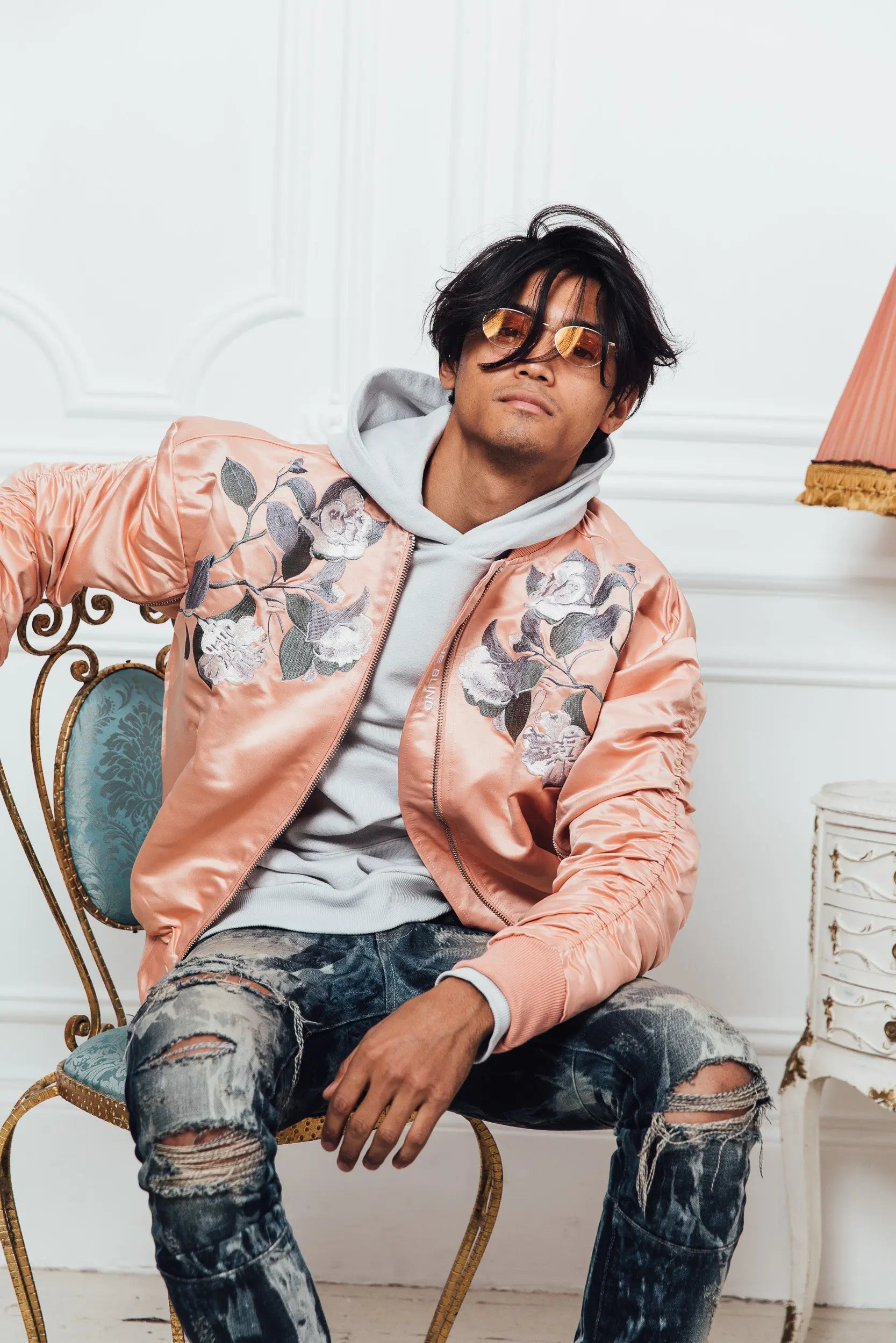 Signature Satin Peach Embroidered Bomber Jacket ONLY THE BLIND