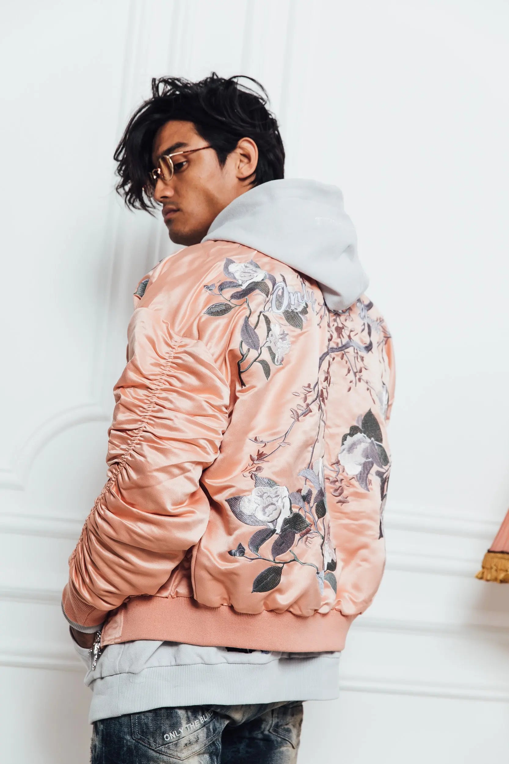 Signature Satin Peach Embroidered Bomber Jacket ONLY THE BLIND