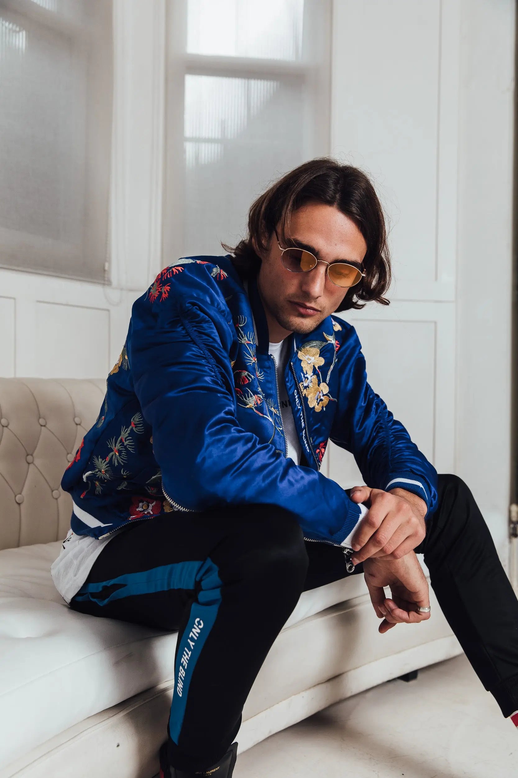 Signature Satin Mazarine Embroidered Bomber Jacket - ONLY THE BLIND™