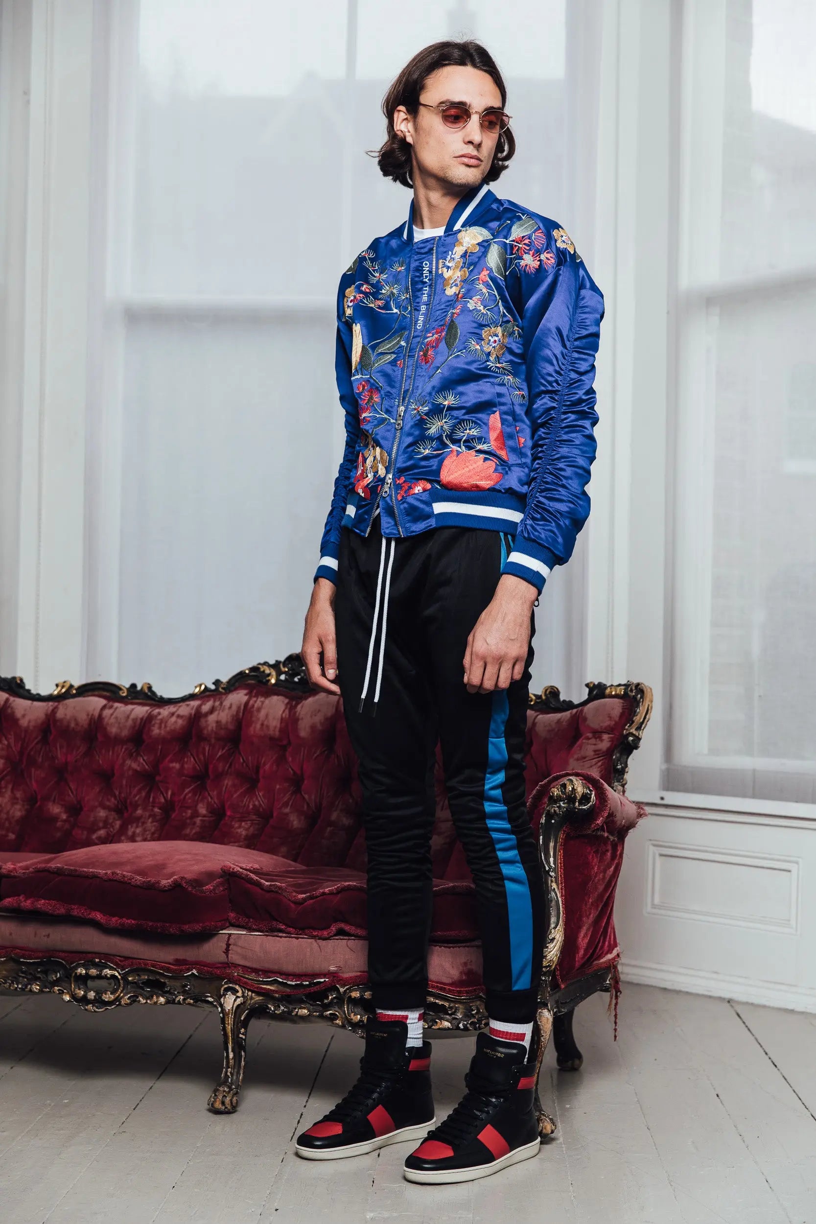 Signature Satin Mazarine Embroidered Bomber Jacket ONLY THE BLIND