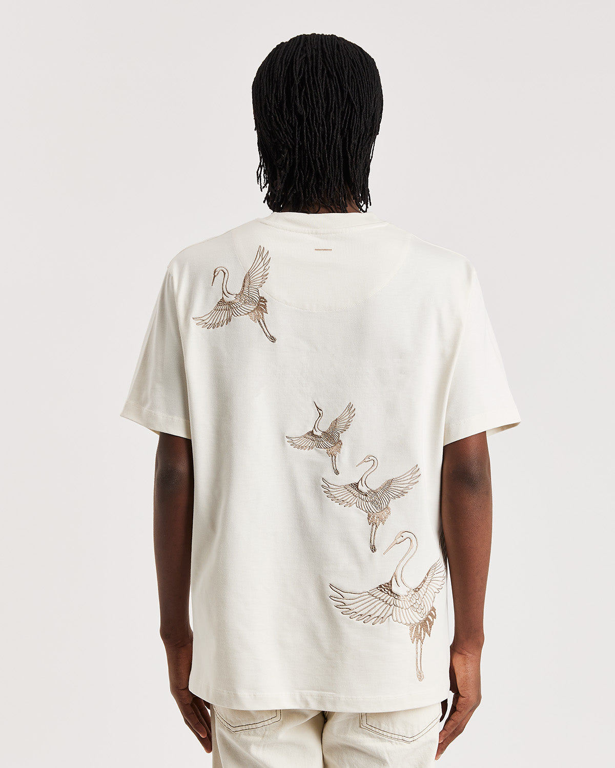 Ivory Crane Embroidered T-shirt - ONLY THE BLIND™