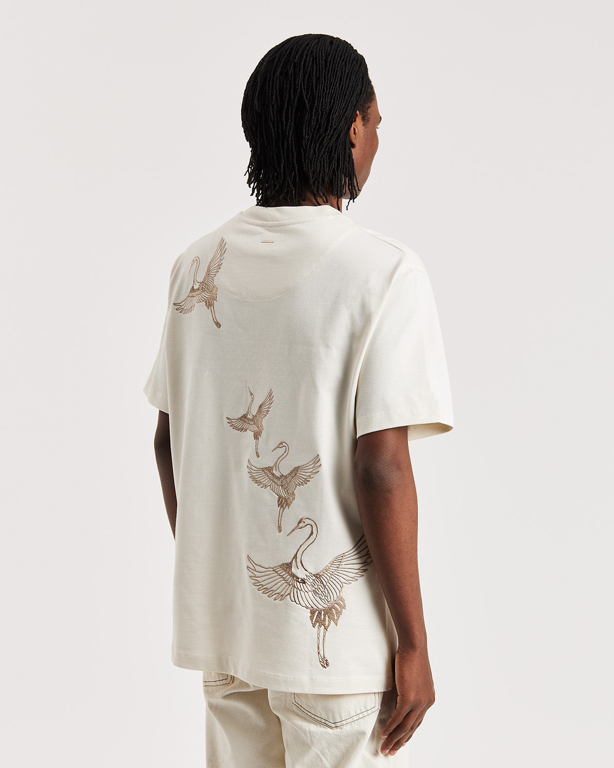Ivory Crane Embroidered T-shirt - ONLY THE BLIND™