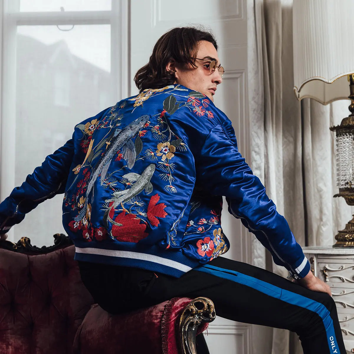 Signature Satin Mazarine Embroidered Bomber Jacket - ONLY THE BLIND™